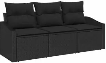 vidaXL Gartensofa-Set mit Kissen, 3-tlg., schwarz, Poly-Rattan (3355252)
