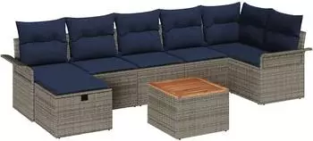 vidaXL Gartensofa-Set mit Kissen und Stauraum, 8-tlg., grau, Poly-Rattan (3359465)