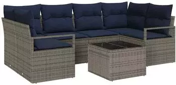 vidaXL Sofa-Set 7-teilig grau und blau Polyrattan