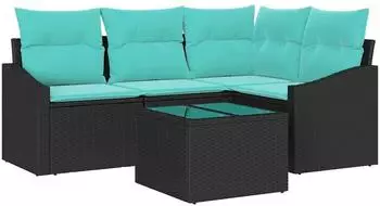 vidaXL Sofa-Set mit Kissen 5-tlg. schwarz Poly-Rattan (3346716)
