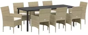 vidaXL Garten-Essgruppe mit Kissen, 9-tlg., beige, Poly-Rattan (3379743)