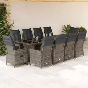 vidaXL Garten-Bistro-Set 11-tlg. mit Kissen, grau, Poly Rattan (3277242)