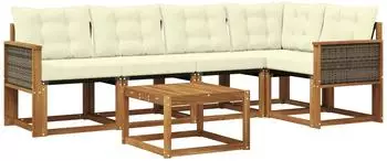 vidaXL Outdoor-Sofagarnitur mit Kissen, 6-tlg., natur und creme (3381962)