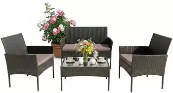Relaxdays Gartenlounge-Set 4-teilig, Polyrattan, schwarz (10020068)