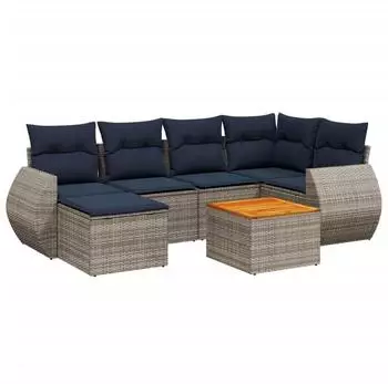 vidaXL Gartenlounge-Set 7-teilig mit Kissen, grau, Polyrattan (3225109)
