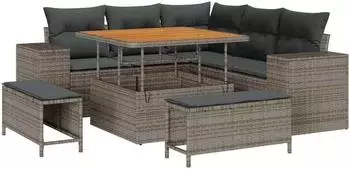 vidaXL Gartenlounge-Set 8-tlg. grau Poly-Rattan mit Kissen (3361998)