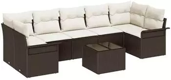 vidaXL Gartensofa-Set mit Kissen, 8-tlg., Poly-Rattan, braun/creme (3353947)