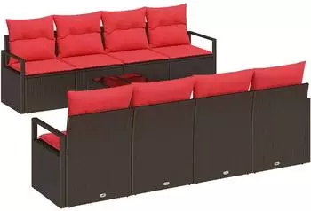 vidaXL Lounge-Sofa Set mit Kissen, 9-teilig, beige und rot, Poly-Rattan