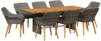 vidaXL Garten-Essgruppe mit Kissen, 9-tlg., grau, Poly-Rattan (3261628)