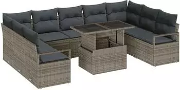 vidaXL Garten-Sofa-Set mit Kissen, 10-tlg., grau, Poly-Rattan (3348885)
