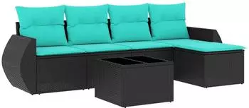 vidaXL Gartensofa-Set 6-teilig mit Kissen, schwarzes Polyrattan (3221296)