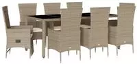 vidaXL 9-tlg. Garten-Essgruppe mit Kissen Beige Poly Rattan