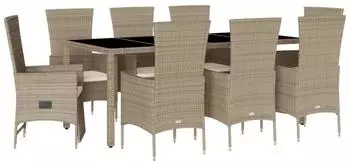 vidaXL Garten-Essgruppe 9-tlg. Poly Rattan beige mit Kissen (3277582)