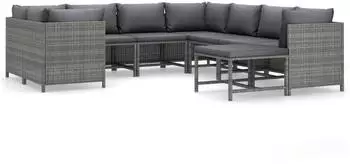 vidaXL Garten-Lounge-Set 9-tlg. mit Kissen, Poly Rattan, grau (3059765)