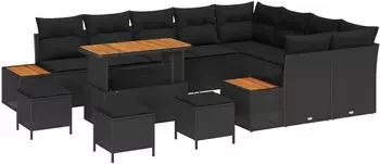 vidaXL Garten-Sofaset 13-teilig Poly Rattan mit Kissen, schwarz