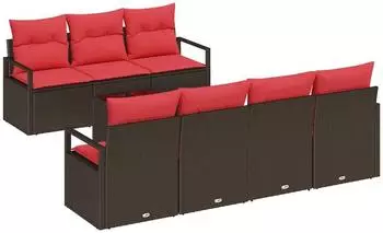vidaXL Gartensofa-Set mit Kissen, 8-tlg., Poly-Rattan, beige/rot