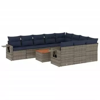 vidaXL Gartensofa-Set 11-teilig mit Kissen, grau, Polyrattan (3224745)