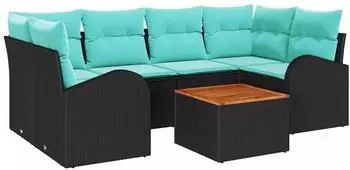 vidaXL Gartenlounge-Set 7-tlg. Poly-Rattan schwarz/t&uuml;rkis (3356205)
