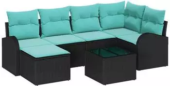vidaXL Gartenlounge-Set mit Kissen, 7-tlg., schwarz/t&uuml;rkis, Poly-Rattan (3354795)