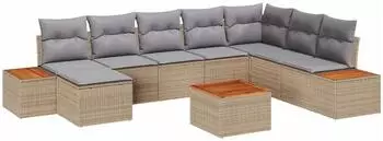 vidaXL Garten-Sofa-Set mit Kissen, 9-teilig, Poly Rattan, beige (3348151)