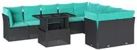 vidaXL 10-teiliges Gartensofa-Set mit Kissen, schwarzes Polyrattan