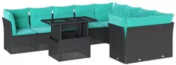 vidaXL Gartensofa-Set 10-teilig mit Kissen, schwarzes Polyrattan (3266837)