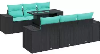 vidaXL Garten-Sofagarnitur 7-tlg. mit Kissen, Poly Rattan, schwarz (3326738)