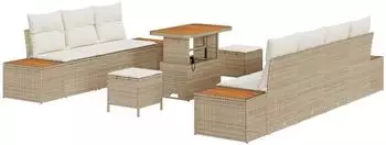 vidaXL Gartensofa-Set mit Kissen, 10-teilig, Poly Rattan/Akazie, beige (3363271)