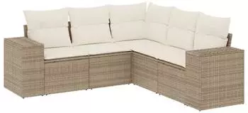 vidaXL Garten-Sofagarnitur 5-tlg. mit Kissen, Poly Rattan, beige (3222547)