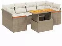 vidaXL 7-tlg. Garten-Sofagarnitur mit Kissen Beige Poly Rattan