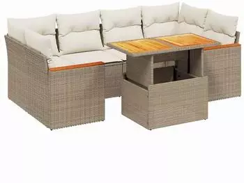 vidaXL Garten-Sofagarnitur 7-tlg. mit Kissen, Poly Rattan, beige (3272976)