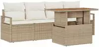 vidaXL 5-tlg. Garten-Sofagarnitur mit Kissen Beige Poly Rattan Akazie