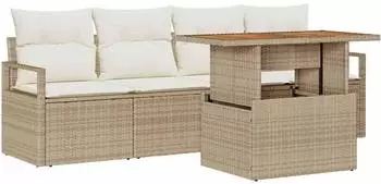 vidaXL Garten-Sofa-Set 5-tlg. mit Kissen, Poly Rattan/Akazie, beige (3349644)