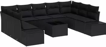 vidaXL Garten-Sofaset Polyrattan mit Kissen, 10-teilig, schwarz