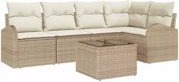 vidaXL Garten-Sofa-Set mit Kissen, 6-tlg., beige, Poly Rattan (3346051)