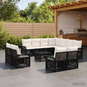 vidaXL Gartenlounge-Set 12-tlg. Poly-Rattan, schwarz/cremewei&szlig; (3435001)