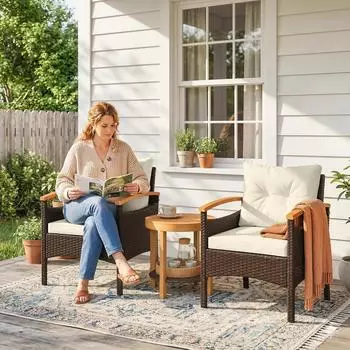Outsunny Rattan Bistroset 3-teilig, PE-Rattan/Akazienholz, cremeweiß (863-198V90CW)