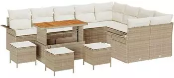 vidaXL Garten-Sofa-Set 13-teilig, 12-Sitzer, Poly Rattan/Akazie, beige (3364131)