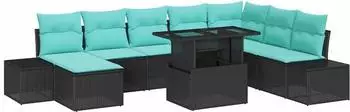 vidaXL Gartensofa-Set 9-tlg. schwarz und blau Poly-Rattan (3349242)