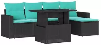 vidaXL Gartensofa-Set 6-teilig mit Kissen, schwarzes Polyrattan (3267237)