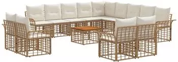 vidaXL Outdoor-Sofagarnitur 14-tlg. Polyester, natur und cremewei&szlig; (3437812)