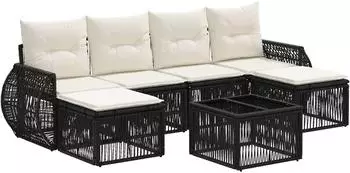 vidaXL Gartenlounge-Set 7-tlg. Poly-Rattan, schwarz/cremewei&szlig; (3435499)