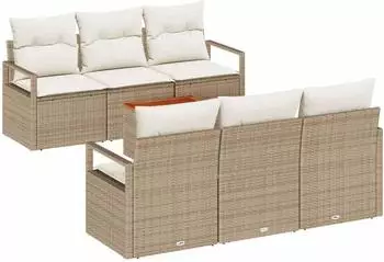 vidaXL Garten-Sofa-Set mit Kissen, 7-tlg., beige, Poly-Rattan (3347652)
