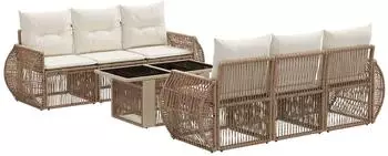 vidaXL Gartensofa-Set 7-tlg. Poly-Rattan beige/cremewei&szlig; (3436902)