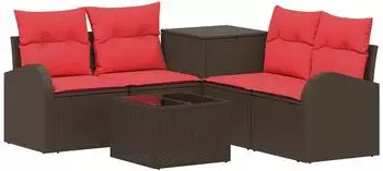 vidaXL Sofa-Set 6-tlg. Polyrattan und Stahl, braun/rot (3447187)
