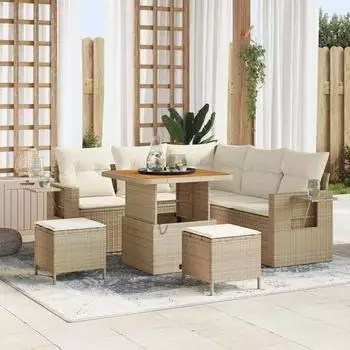 vidaXL Garten-Sofaset 9-tlg. 6-Sitzer Poly-Rattan, beige/creme (3363691)
