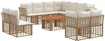 vidaXL Gartensofa-Set 12-tlg. Poly-Rattan, natur/cremewei&szlig; (3437930)