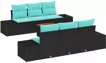 vidaXL Gartenlounge-Set 7-tlg. Poly-Rattan schwarz/t&uuml;rkis (3356576)