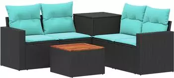 vidaXL Sofa-Set 6-tlg. Polyrattan und Stahl, schwarz/blau (3447396)