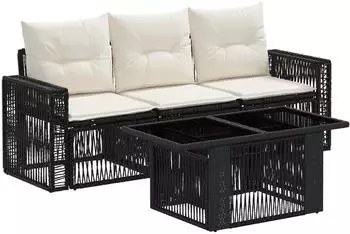 vidaXL Gartensofa-Set 4-tlg. Poly-Rattan schwarz und cremewei&szlig; (3436738)